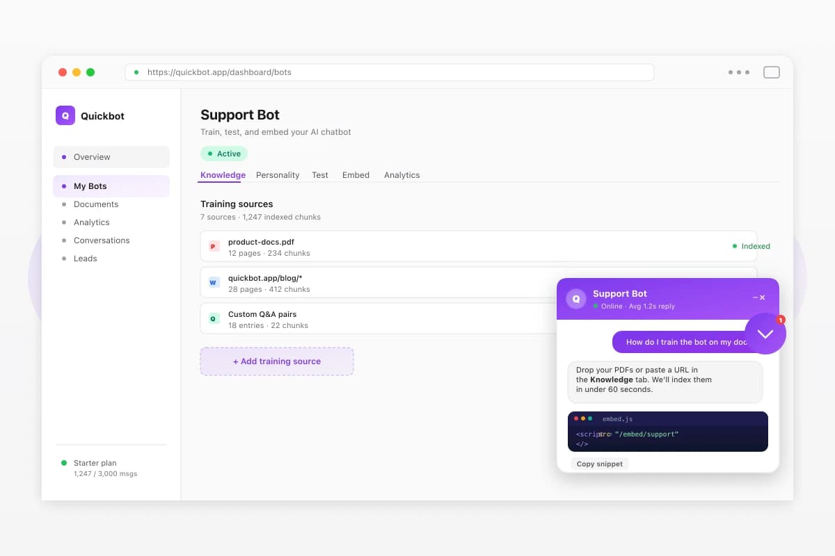 Quickbot chat widget embedded on a customer website, showing an AI conversation about pricing